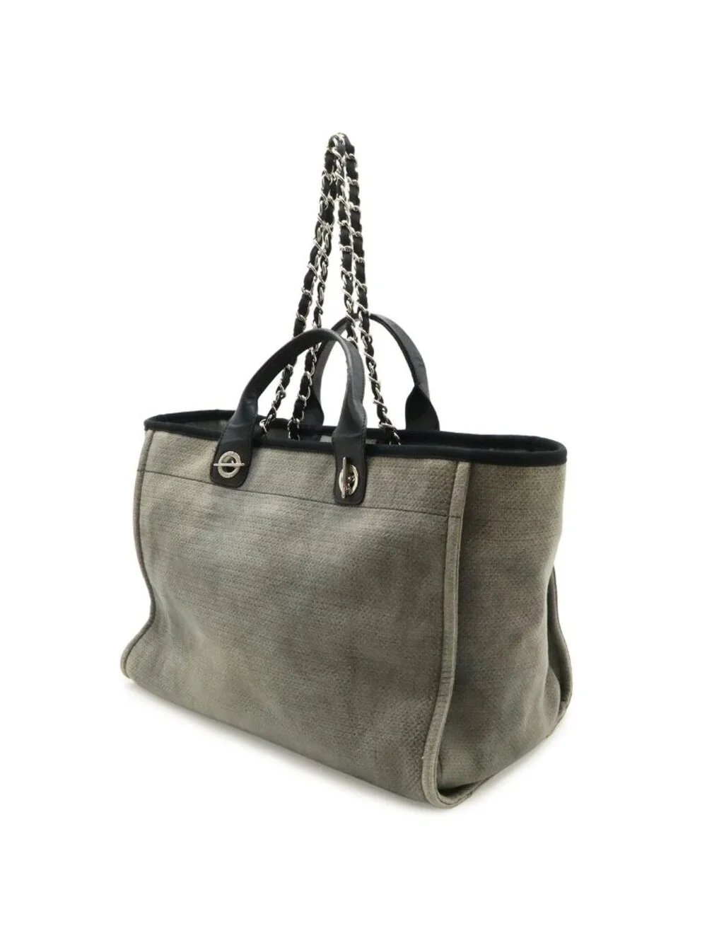 Chanel Deauville Tote GM Logo 2-Way Chain Shoulder Bag Canvas Leather Gray Black